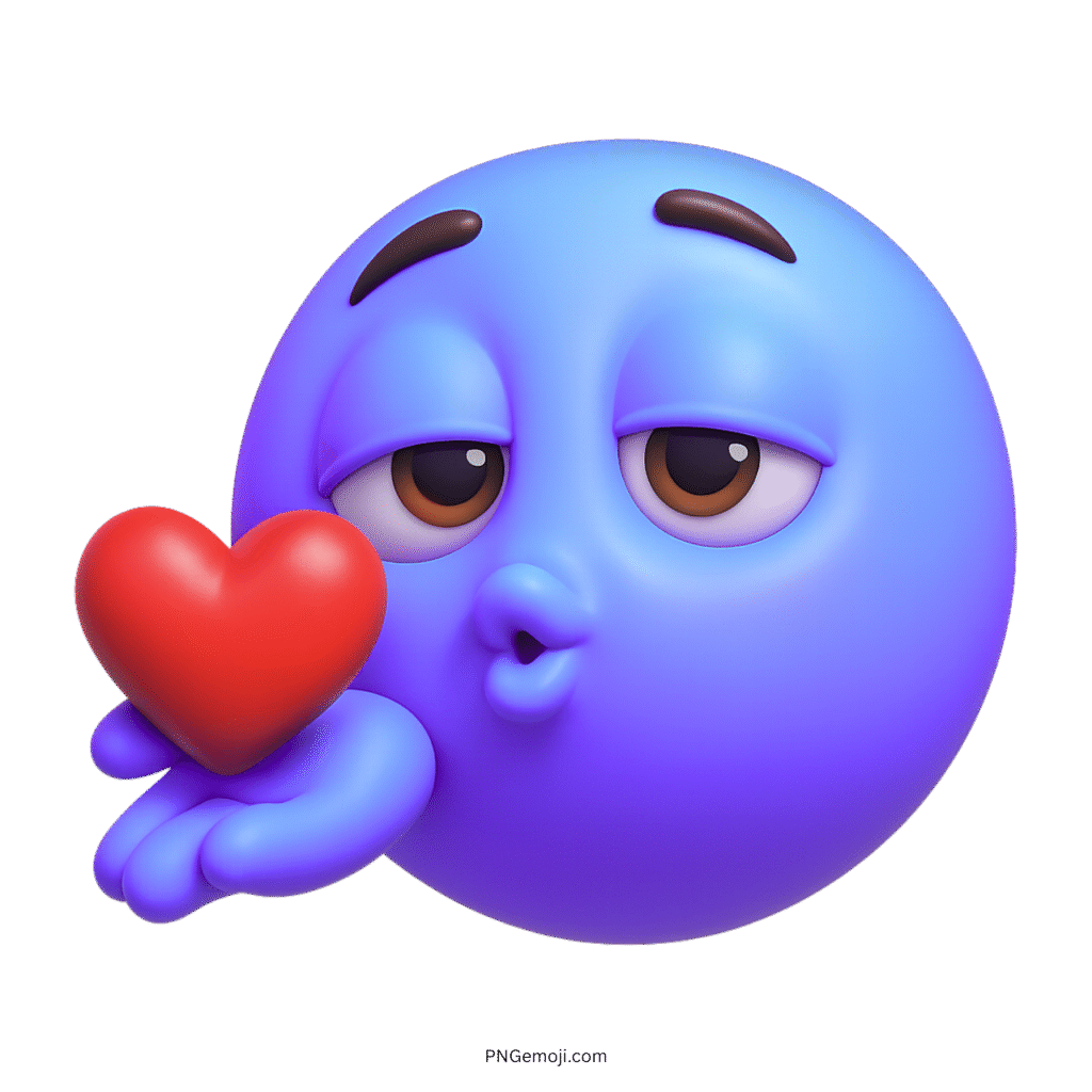 Purple-blue emoji blowing kiss with red heart and cute romantic facial expression