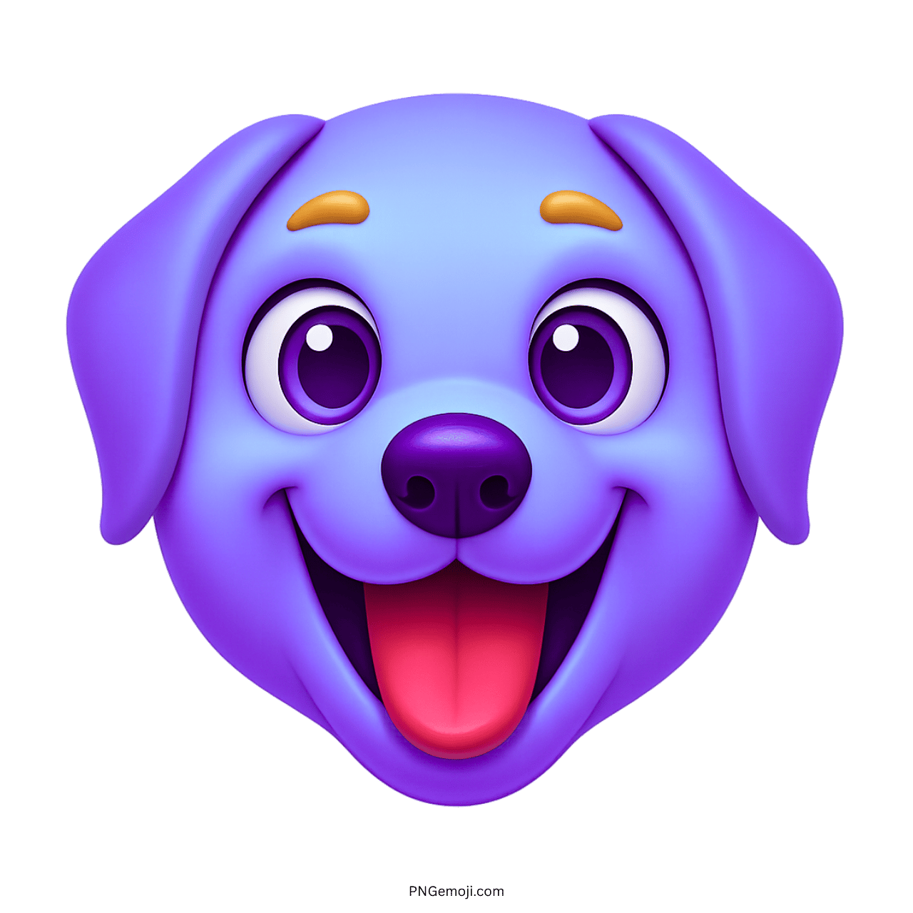 A cheerful purple cartoon dog emoji with big eyes, orange eyebrows, and a red tongue, set against a green background.