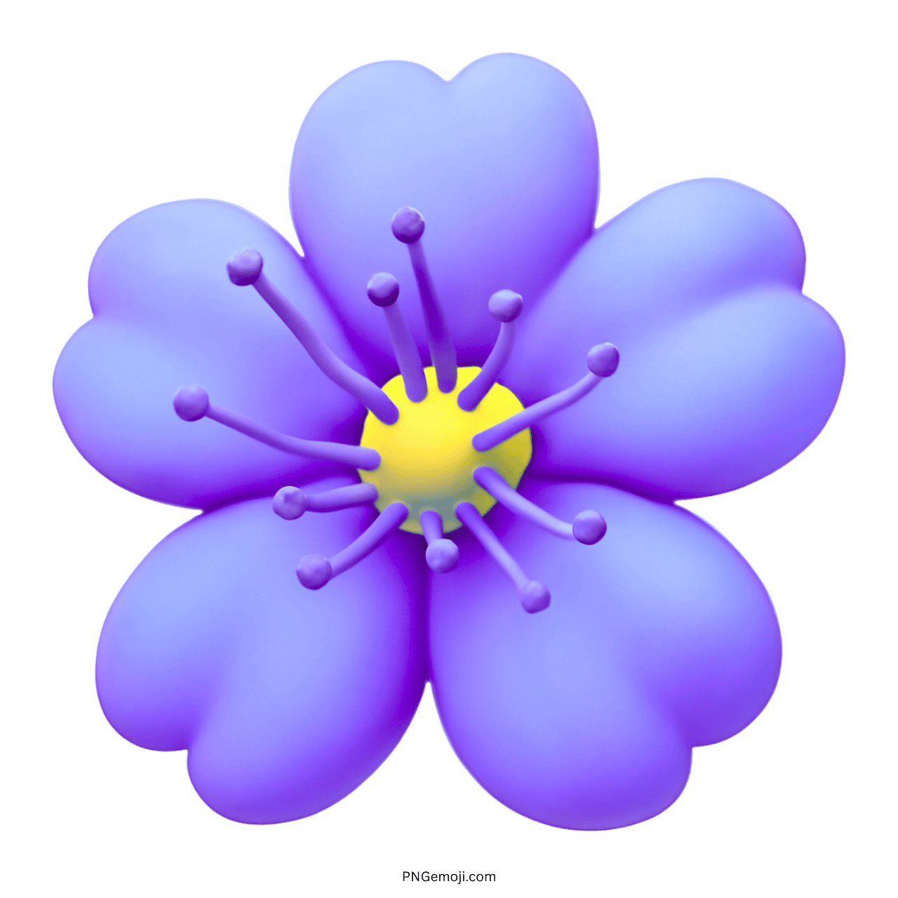 3D purple cherry blossom emoji with yellow center and delicate petals, transparent background