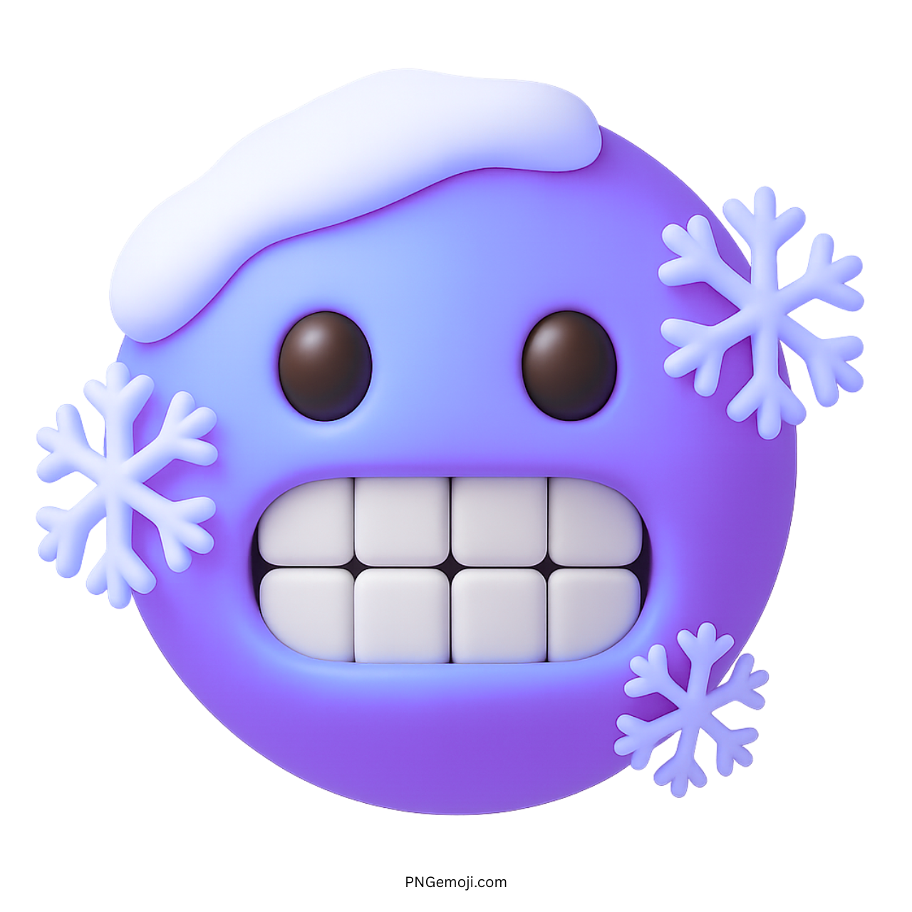 3D purple cold face emoji with icy teeth, snowflakes, and snowcap on top