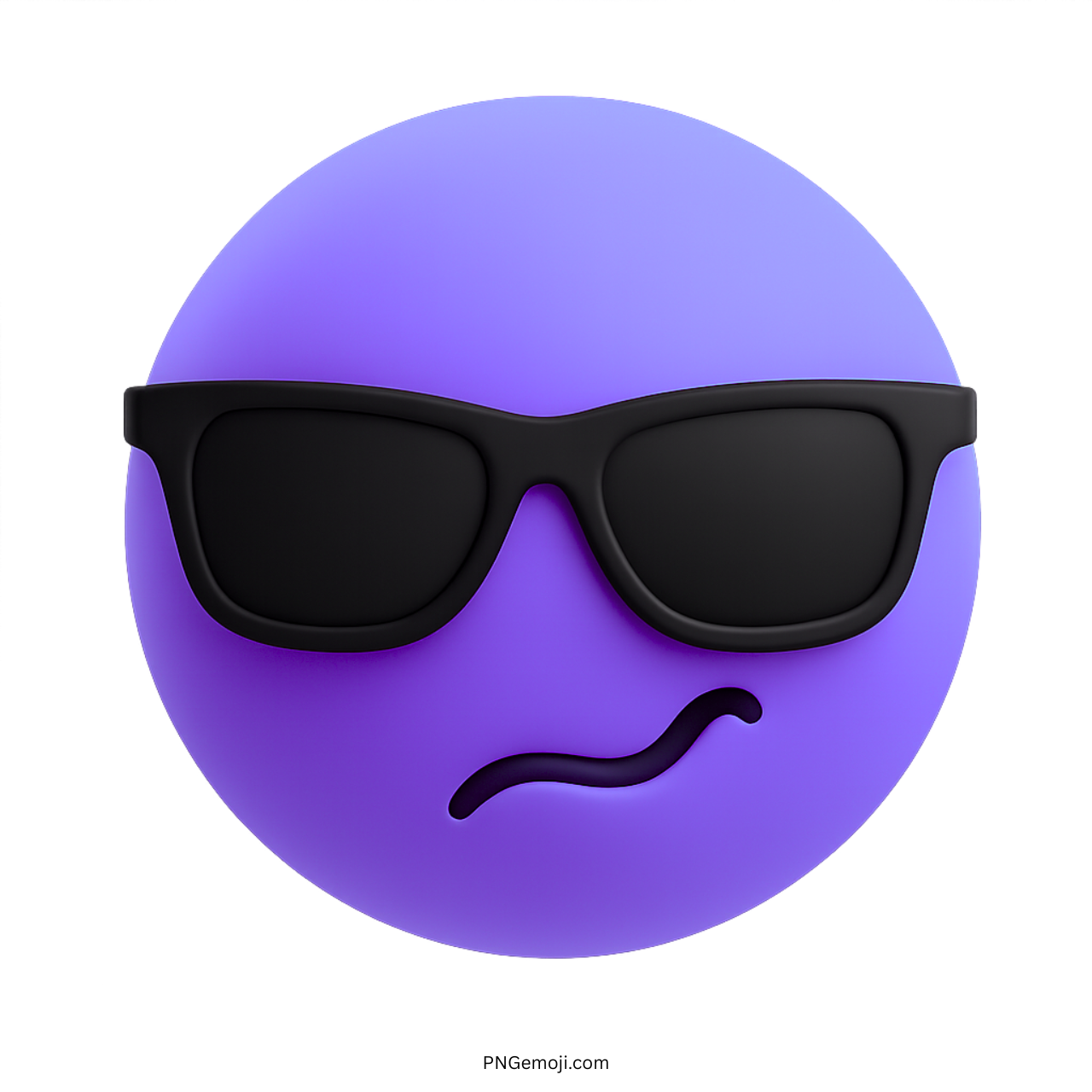 3D purple smiley emoji with black sunglasses and confident smirk on transparent background
