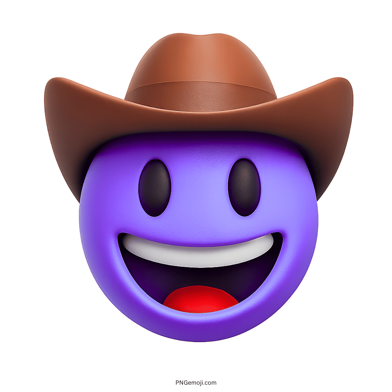 3D purple cowboy emoji with a brown hat and smiling face