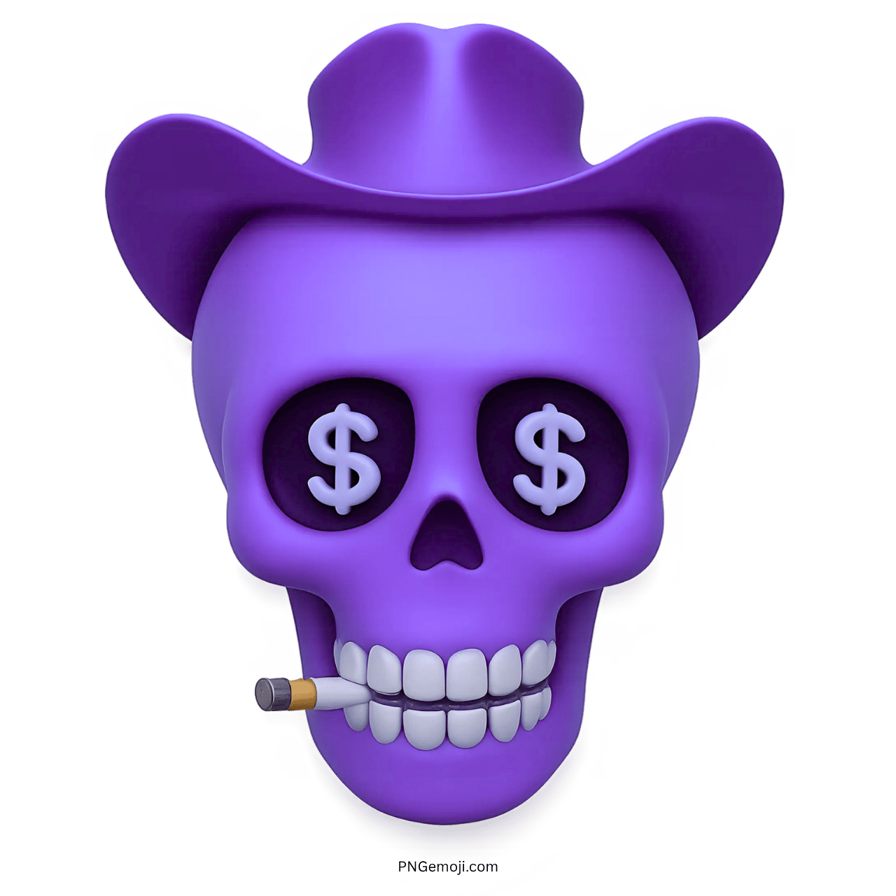Purple skull emoji with dollar sign eyes, cowboy hat, and cigarette in teeth