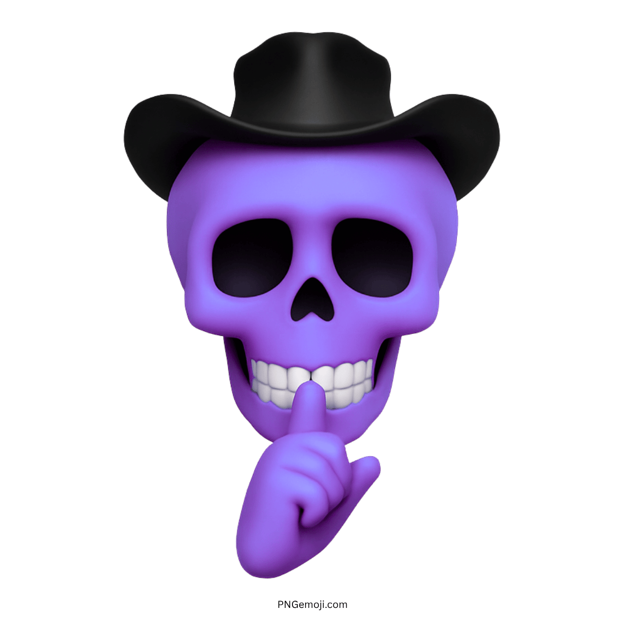 Purple cowboy skull emoji making shushing gesture with black hat and spooky vibe.