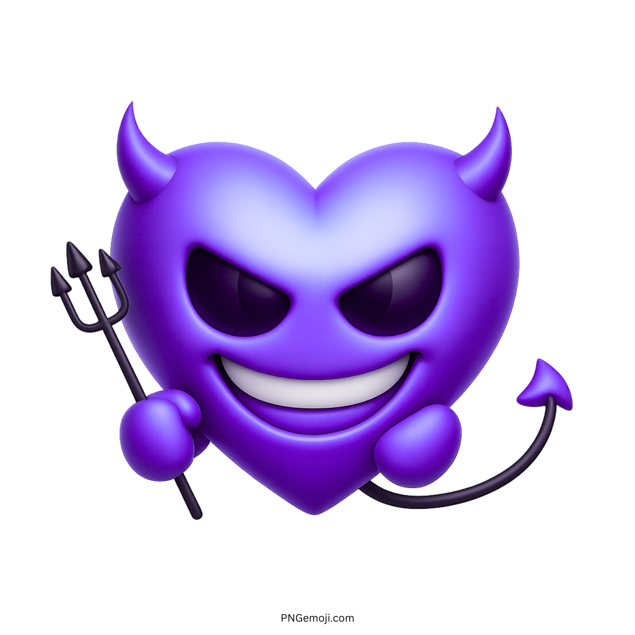 3D purple heart devil emoji with horns, grin, trident, and curled tail