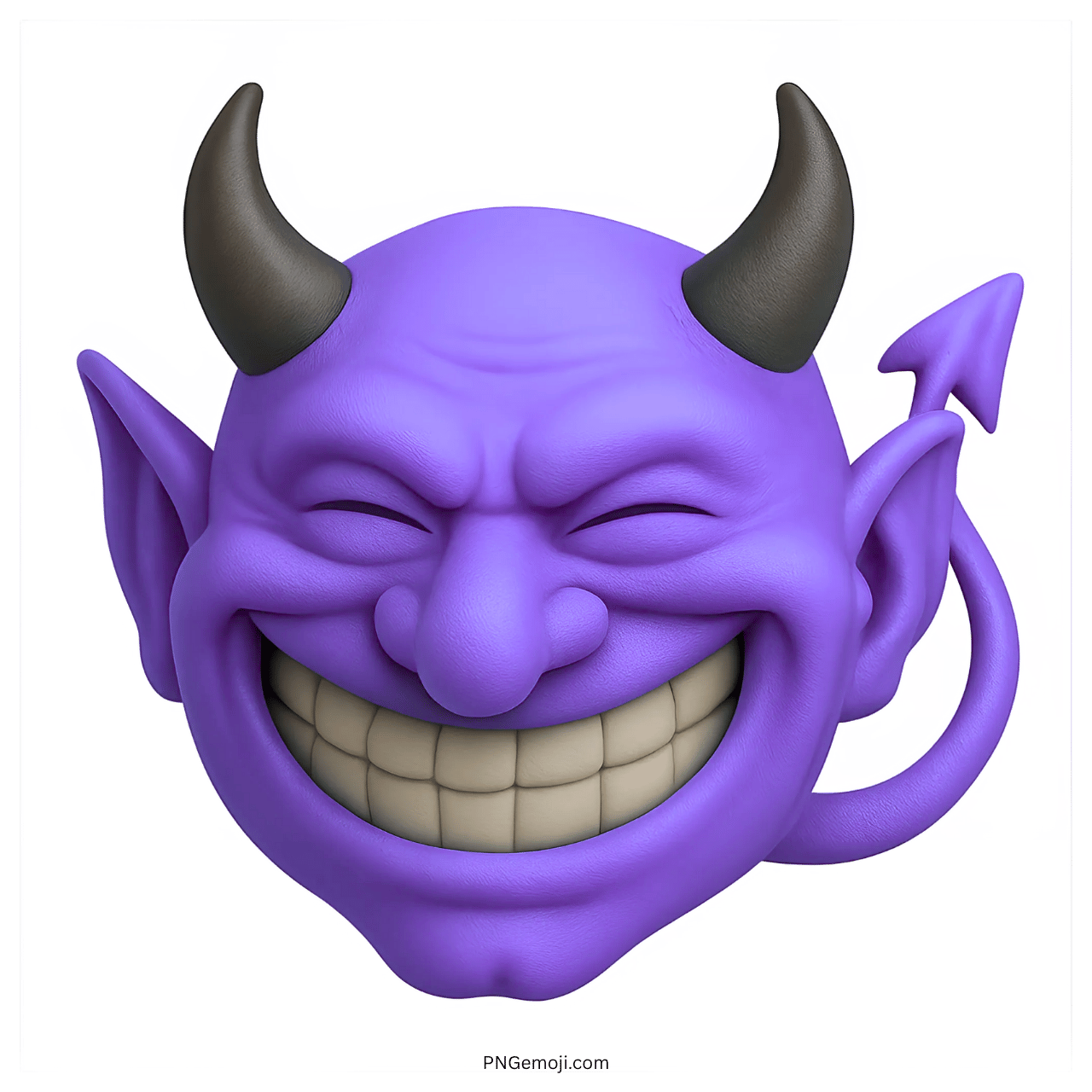 Purple devil troll face emoji with black horns, curled tail, and wide evil grin