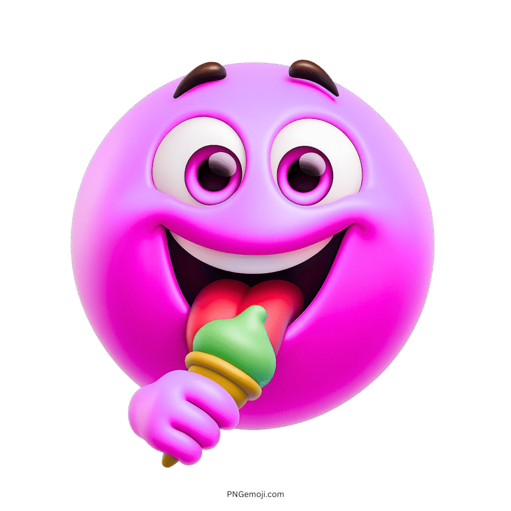 Purple emoji character licking colorful ice cream with a joyful and playful expression
