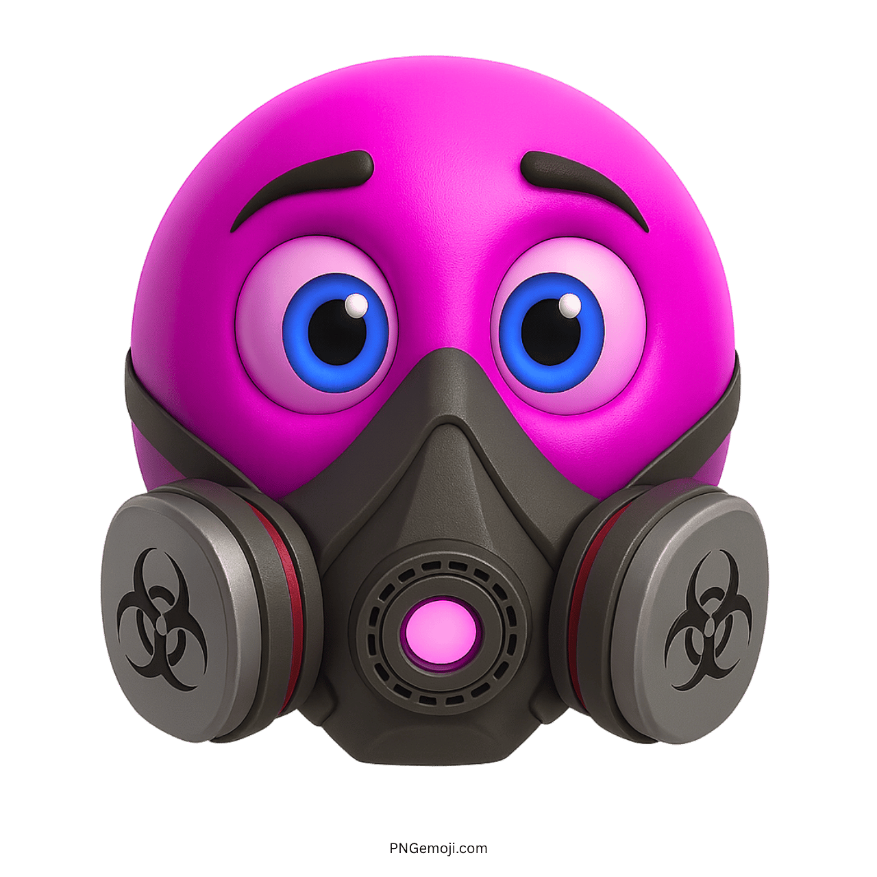 Purple 3D emoji wearing biohazard gas mask with big blue cautious eyes
