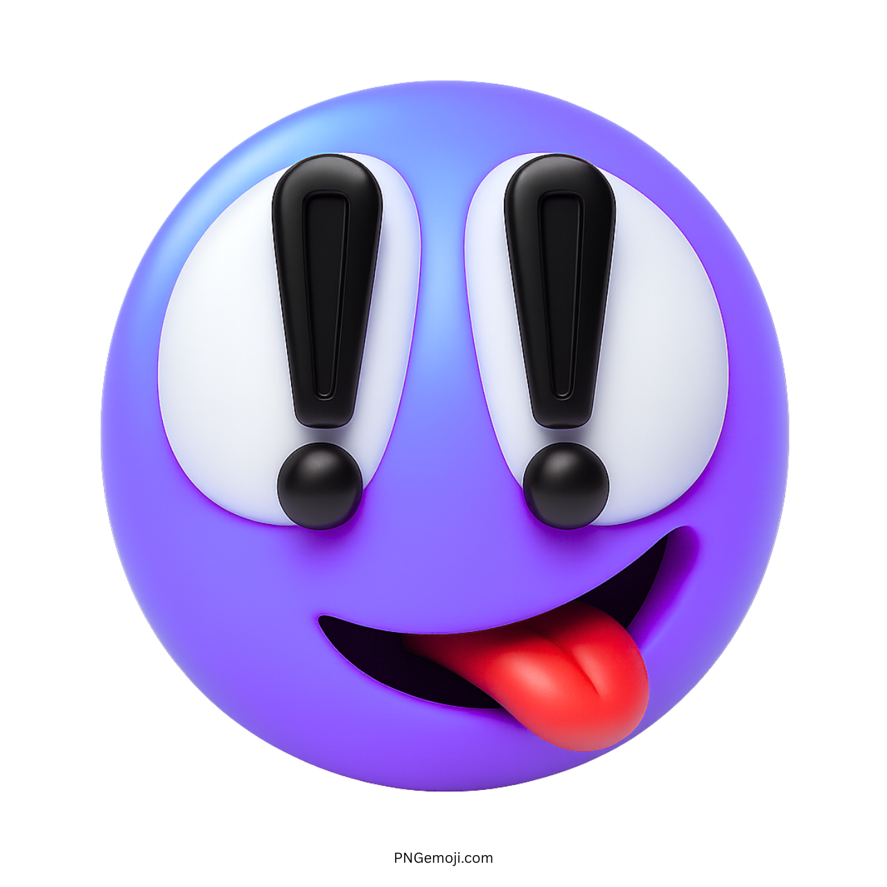Purple emoji with exclamation mark eyes and silly red tongue sticking out