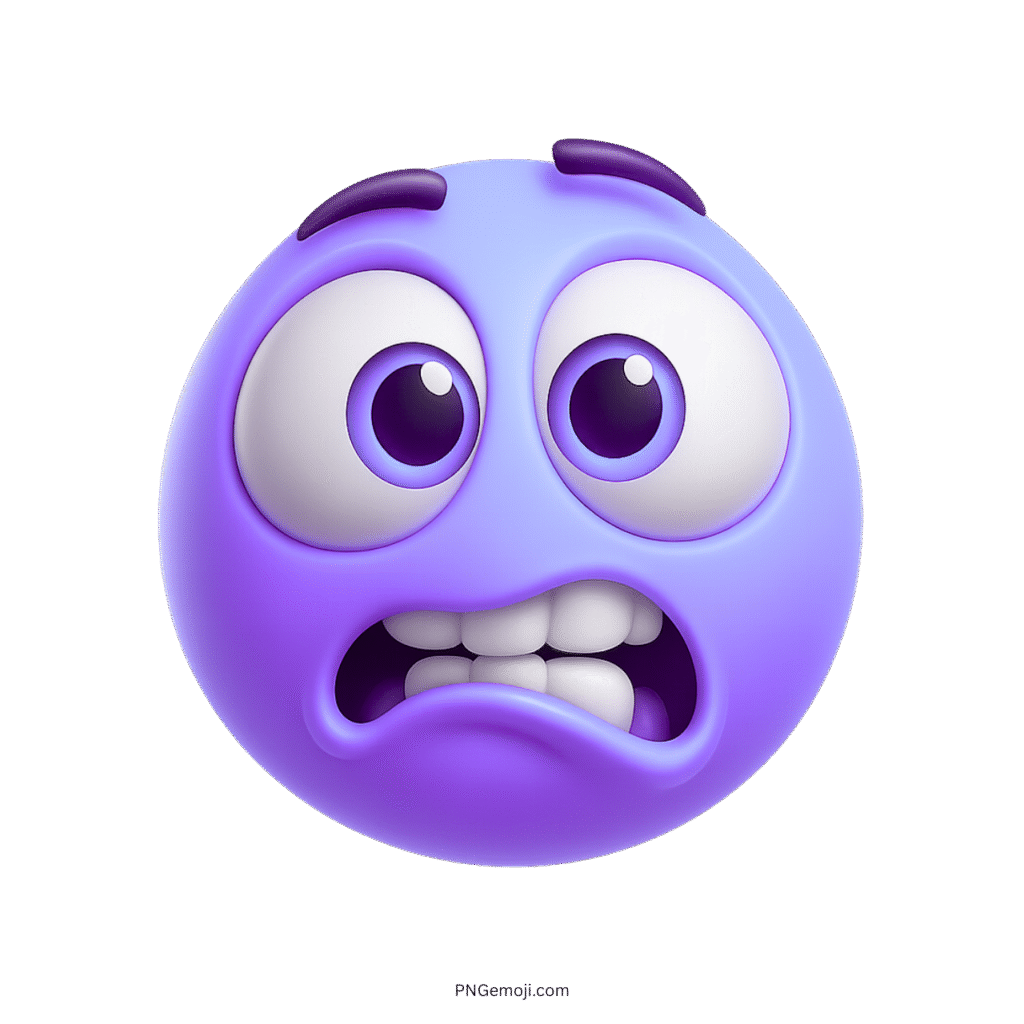 Purple goofy wacky emoji with big eyes and funny scared expression