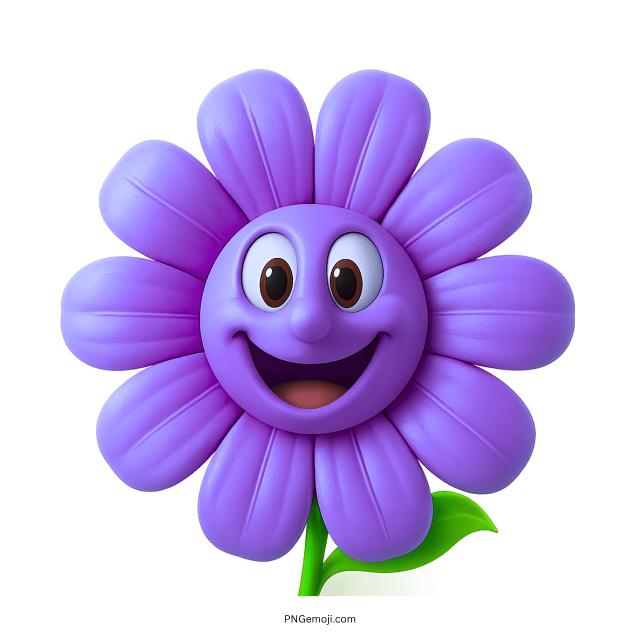 Purple smiling flower emoji with a happy face and green leaf.