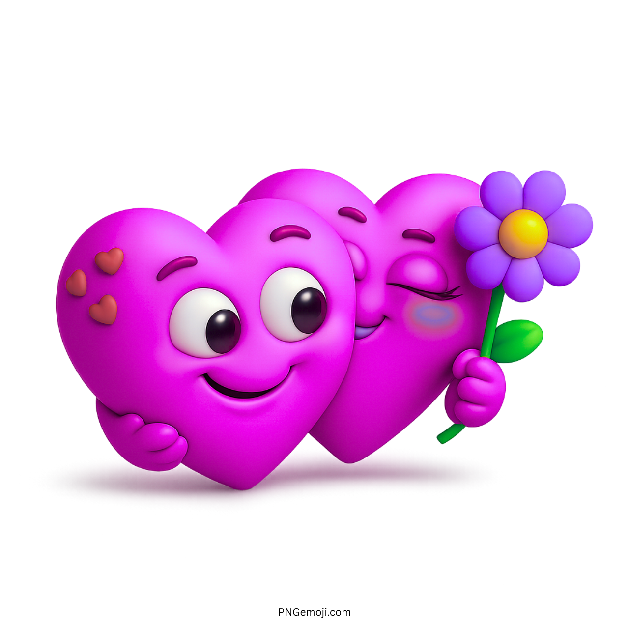 Purple 3D heart emoji couple sharing love and flower with cute expressions