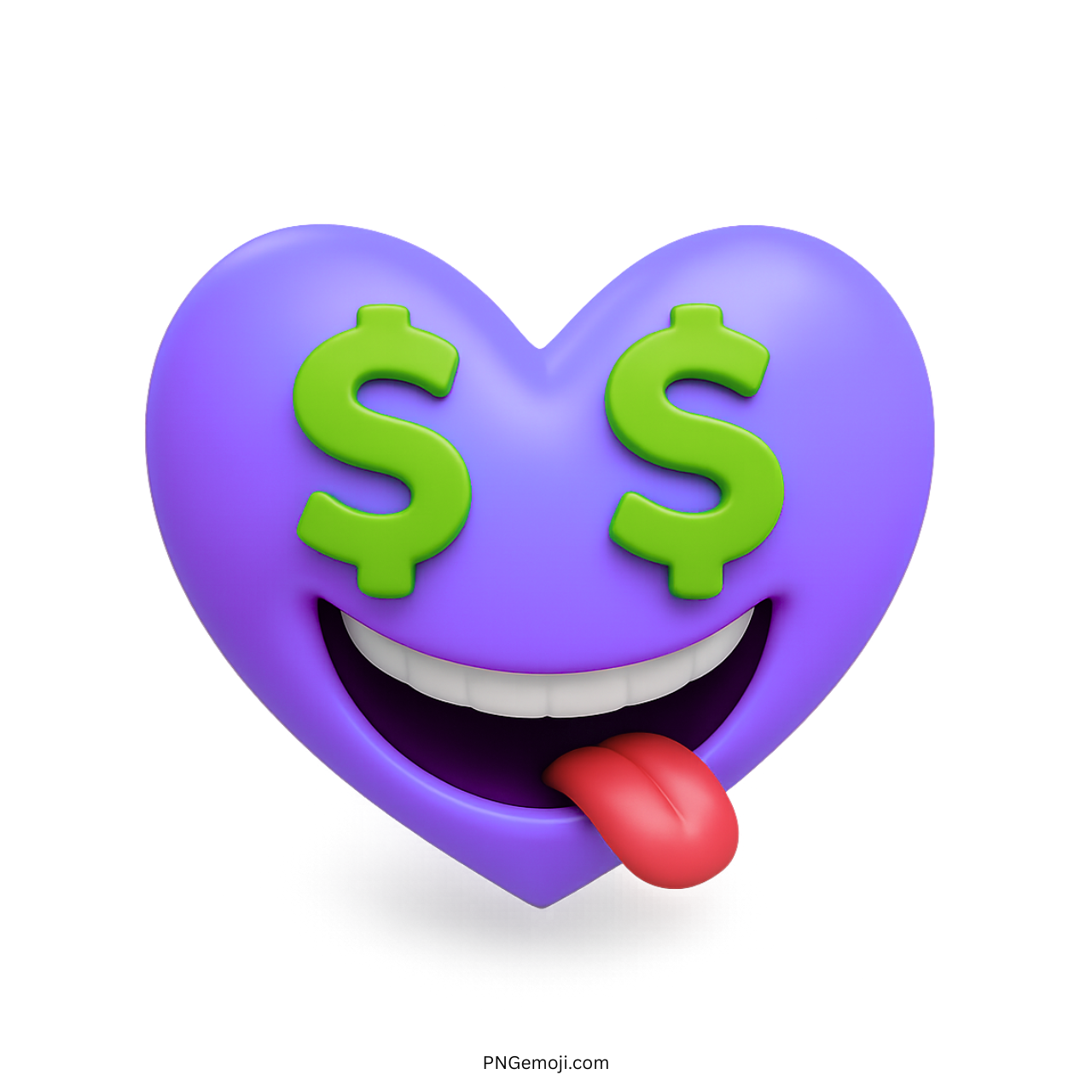 Purple heart emoji with green dollar sign eyes and red tongue sticking out
