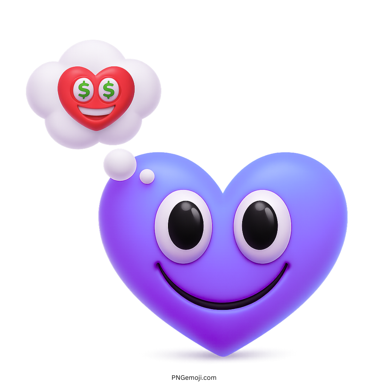 Purple heart emoji dreaming of red money-eyed heart in cute cartoon style
