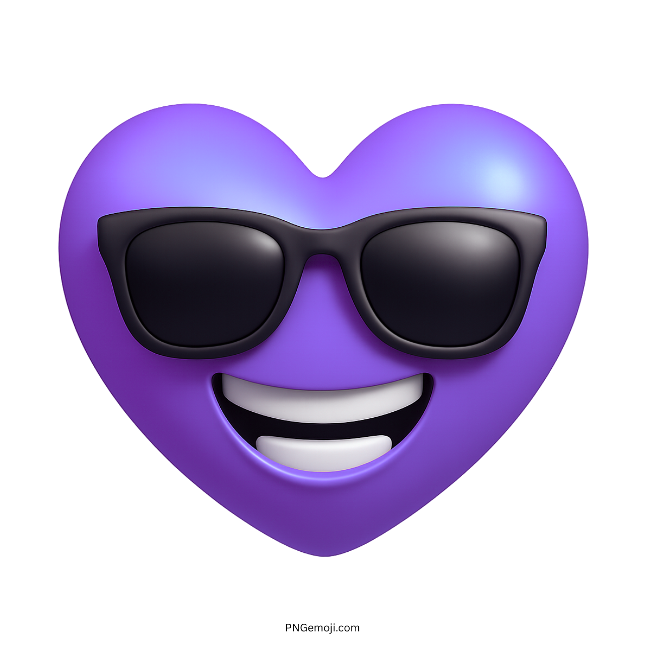 Purple heart emoji wearing sunglasses with a wide smile in 3D cartoon design