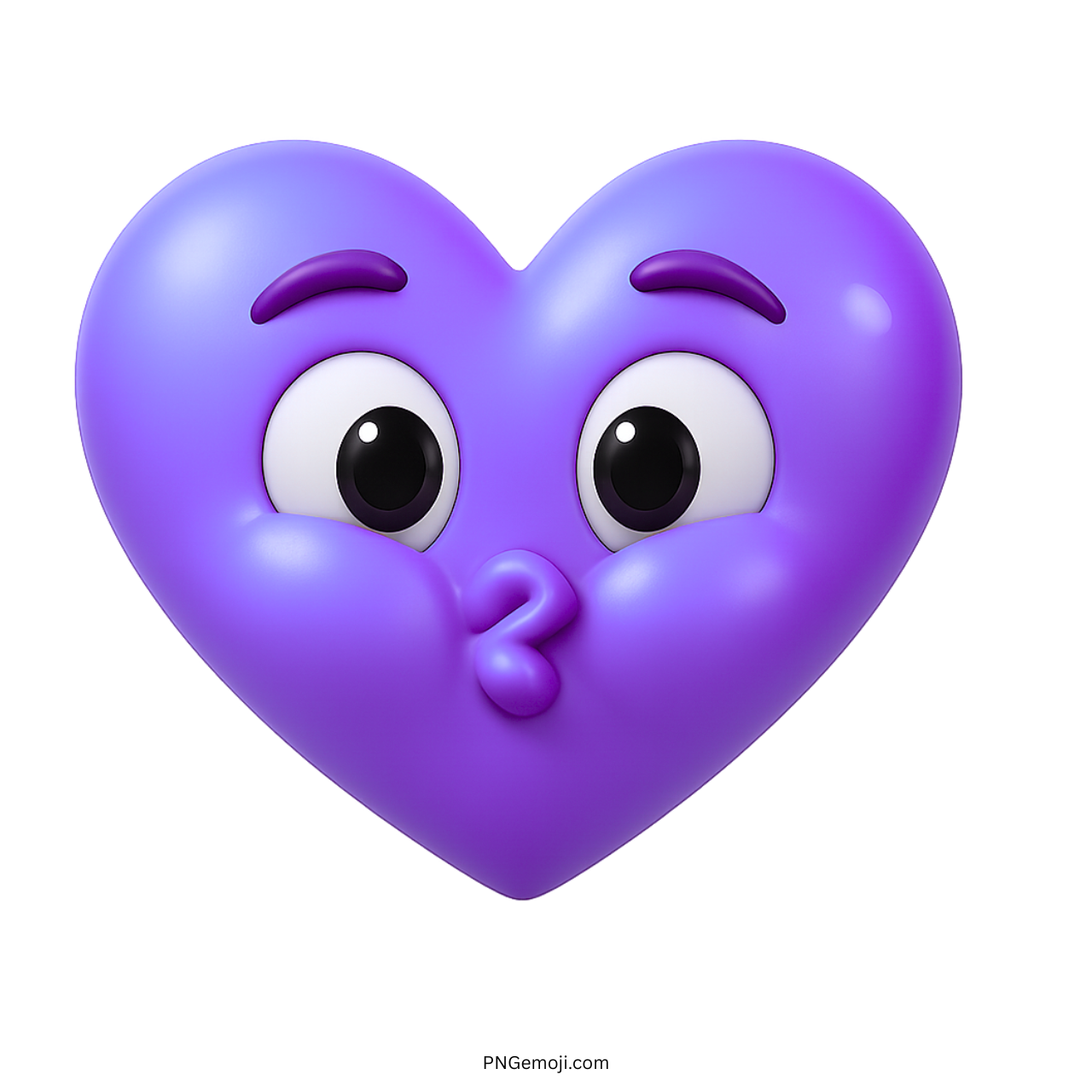 Purple heart emoji puffed cheeks cartoon eyes holding breath in playful 3D style