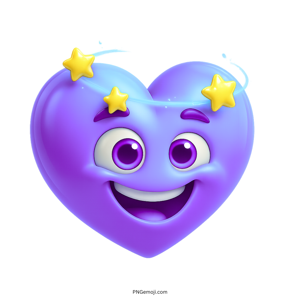 Purple heart emoji with cute smile and spinning yellow stars around its head