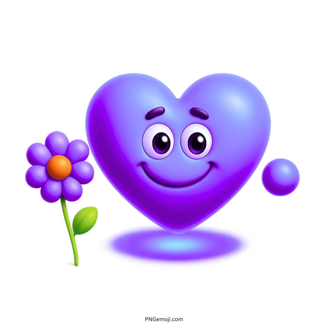 Adorable purple heart emoji with flower and smiling cartoon face 3D style