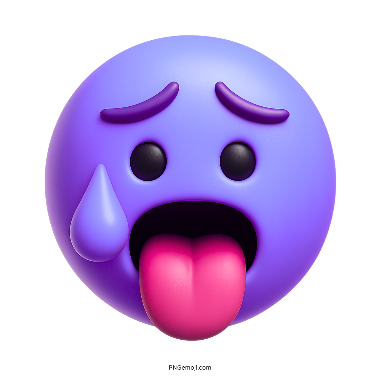 Purple 3D hot face emoji with sweat drop and tongue out expression