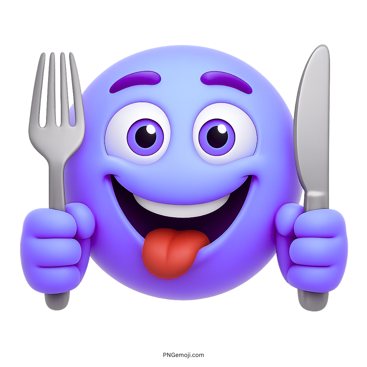Purple hungry emoji holding fork and knife with tongue out showing food craving emotion