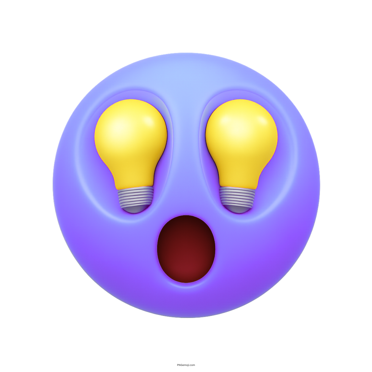 Purple emoji face with lightbulb eyes and surprised mouth showing a brilliant idea moment