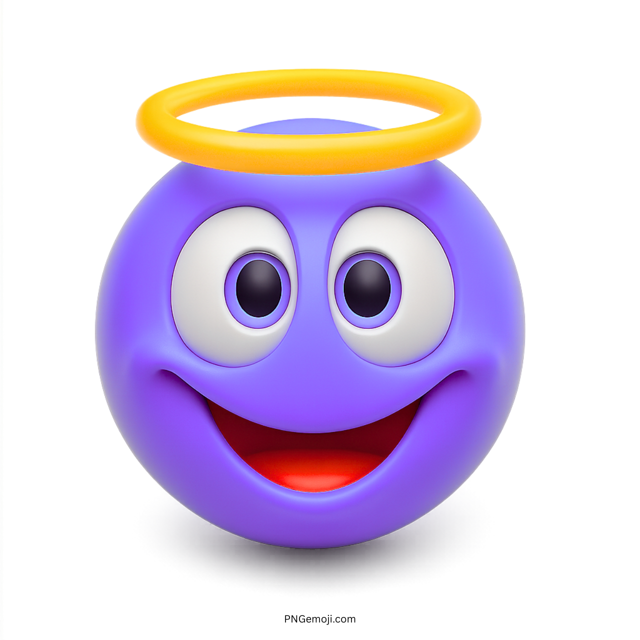 3D purple innocent smiley emoji with yellow halo and happy smiling face