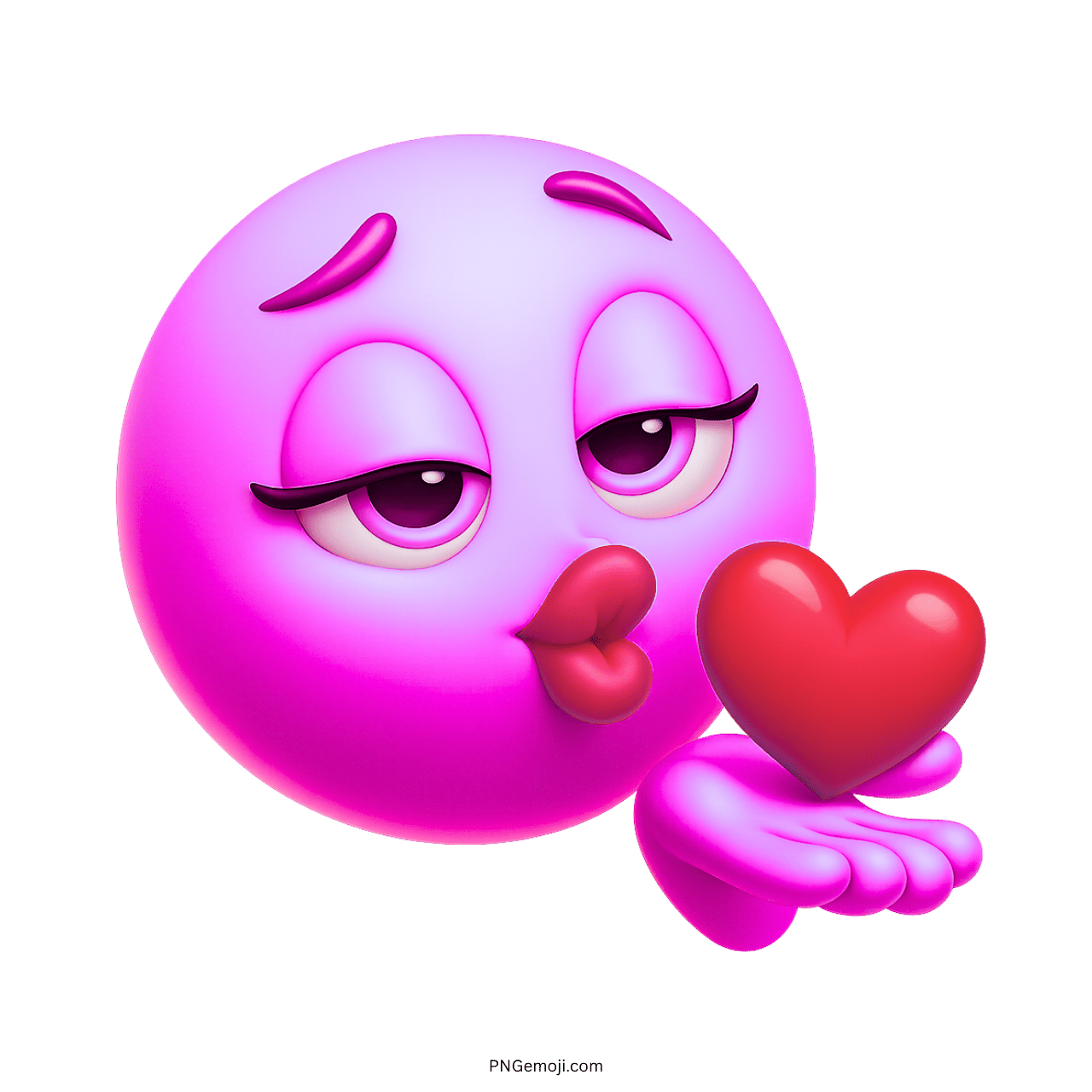 3D purple-pink emoji blowing kiss with red heart, flirty cute love emoticon