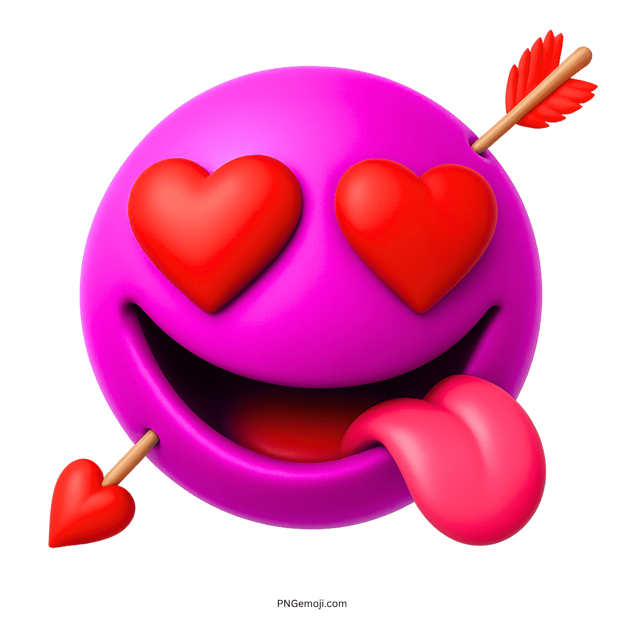 Purple love emoji with red heart eyes, tongue out, and pierced by Cupid’s arrows
