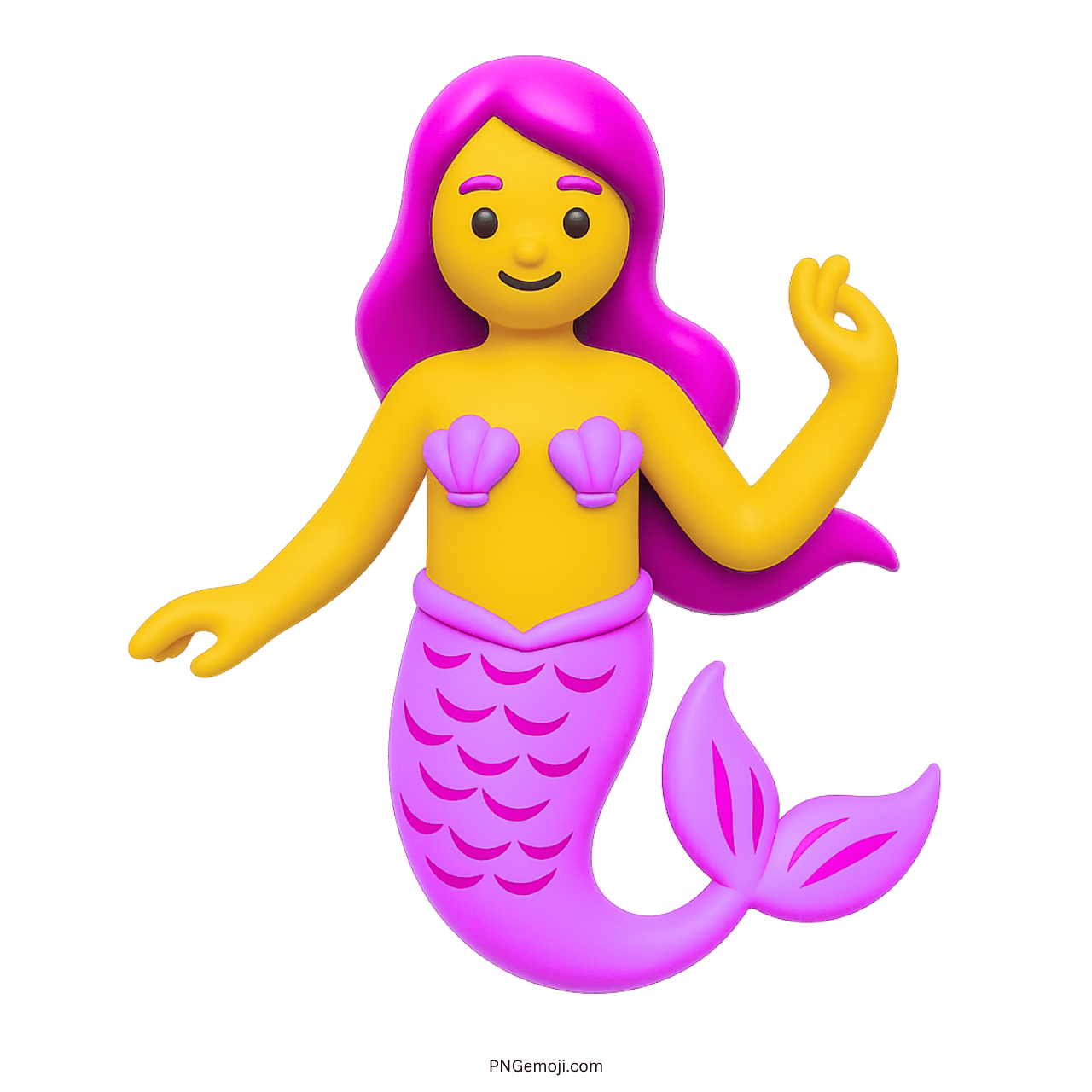 3D purple mermaid emoji with long pink hair, seashell top, and fish tail