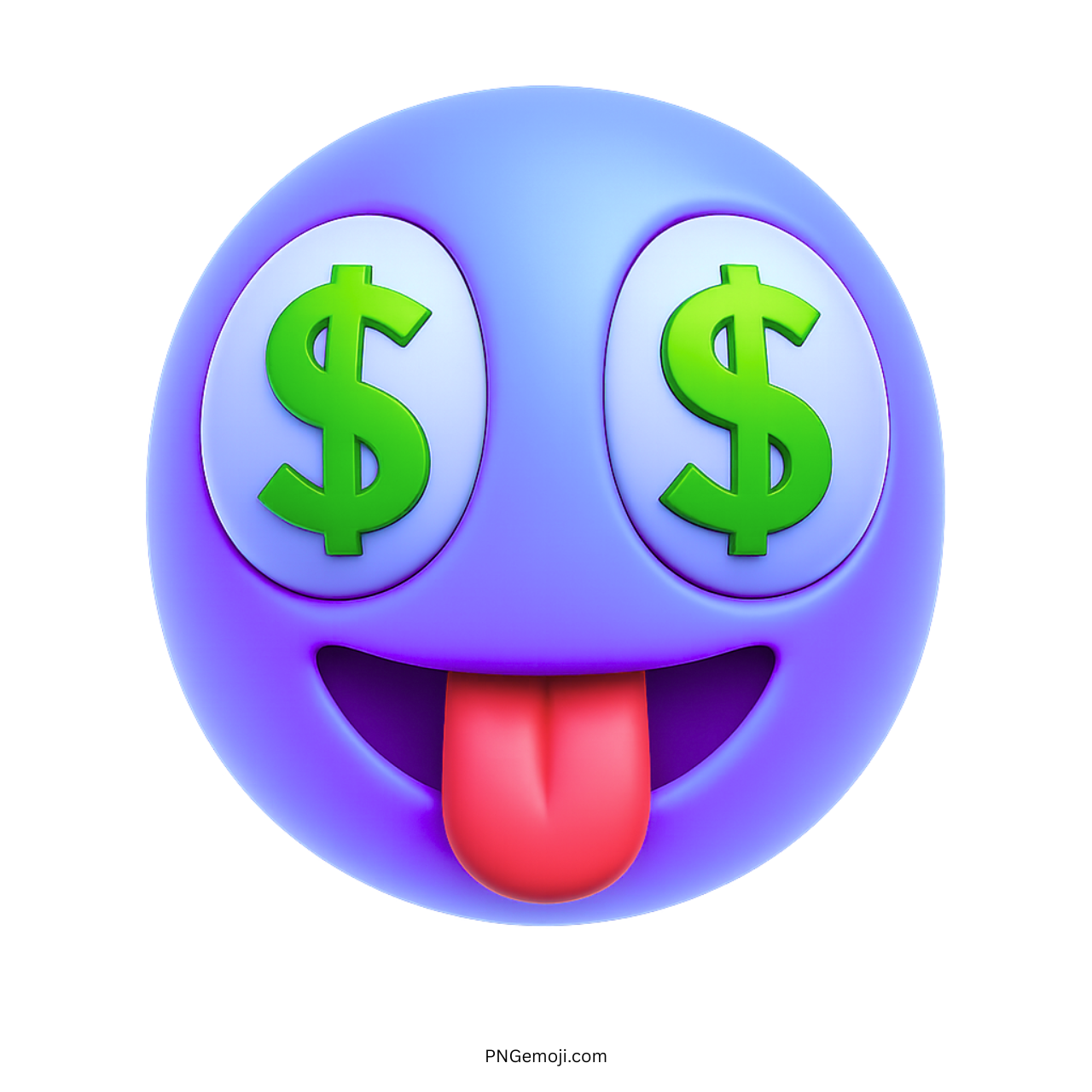Purple emoji with green dollar sign eyes and tongue out showing excited expression
