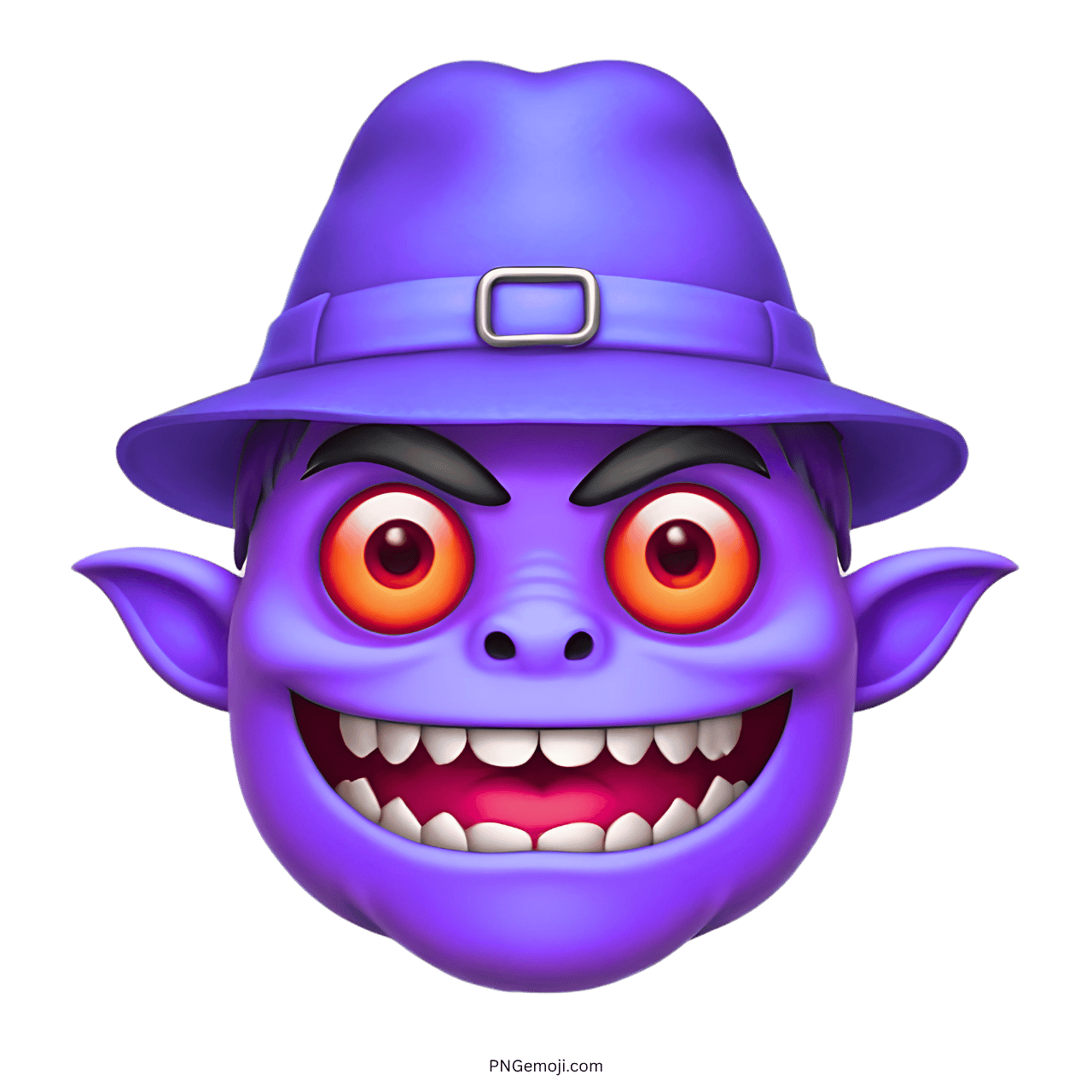 Purple monster with red eyes, wide grin, and purple hat, emoji character.