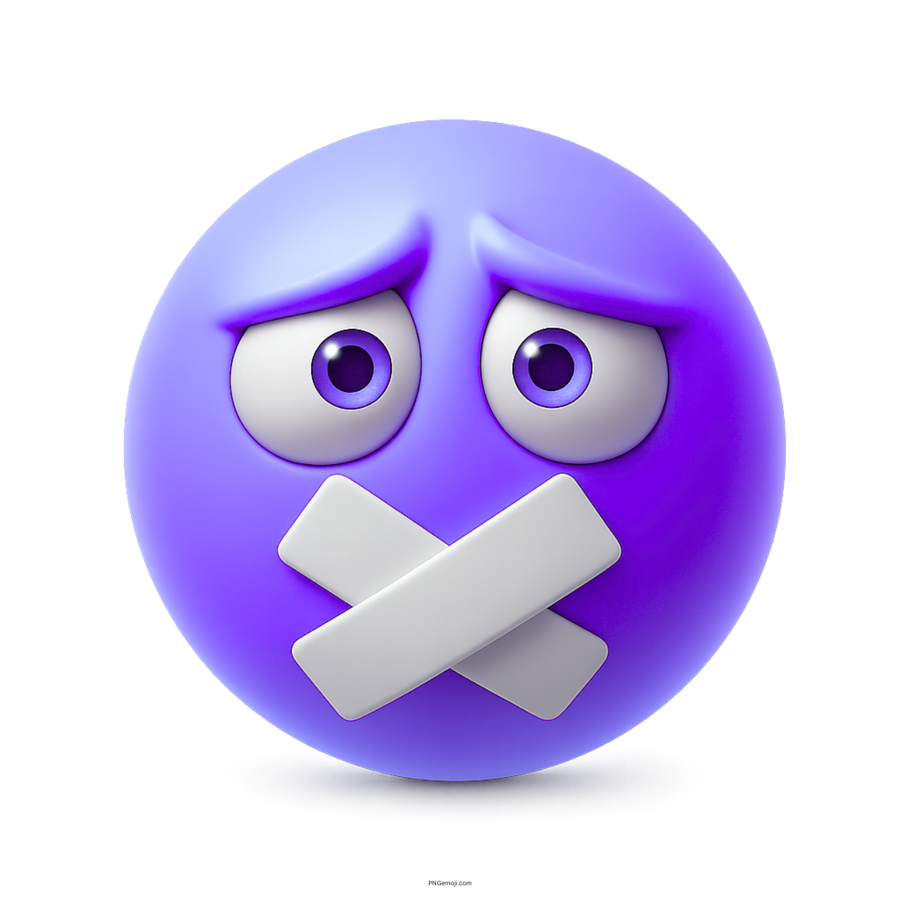 Purple muted emoji with taped mouth and sad, anxious eye expression