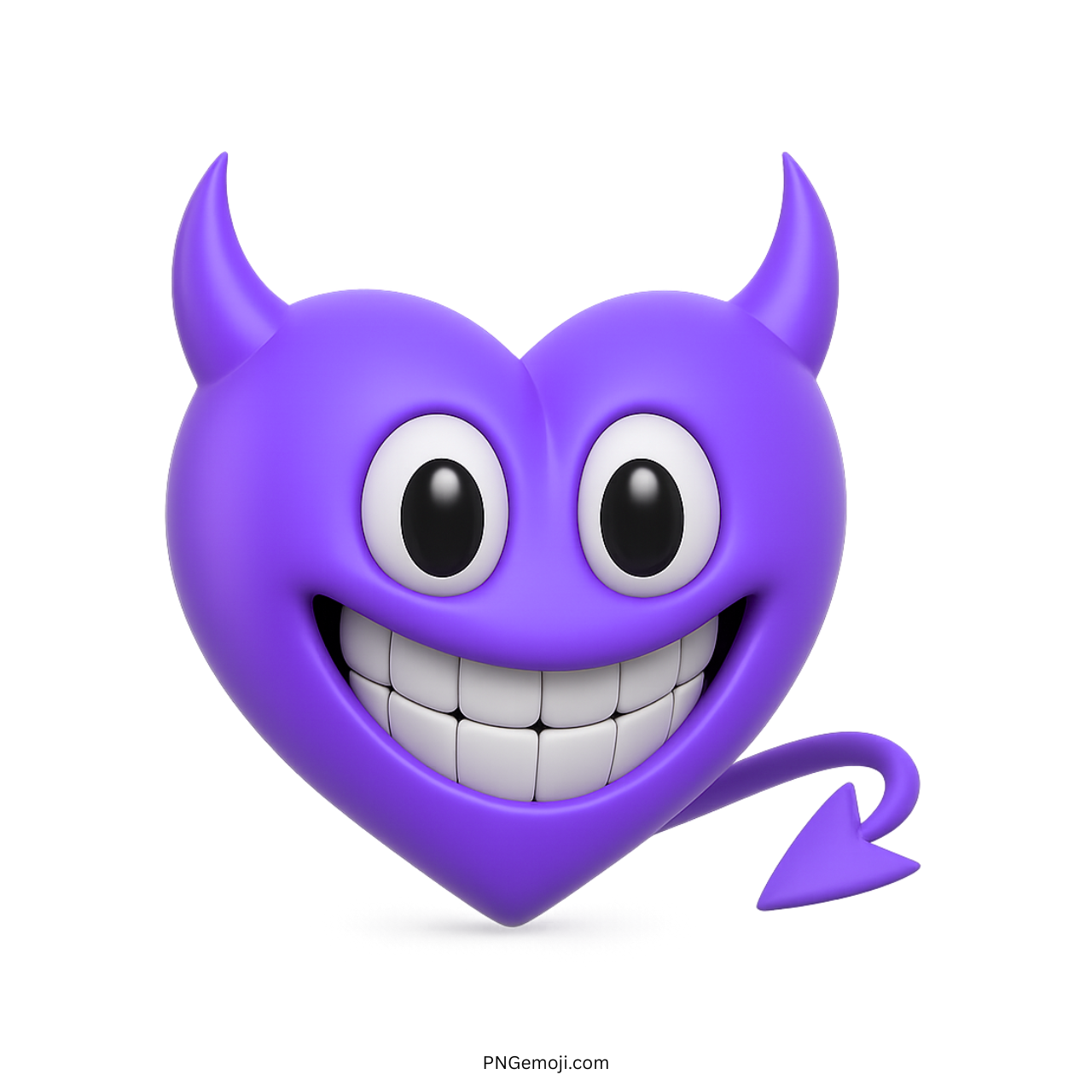 3D purple heart emoji with devil horns, wide smile, and pointed tail