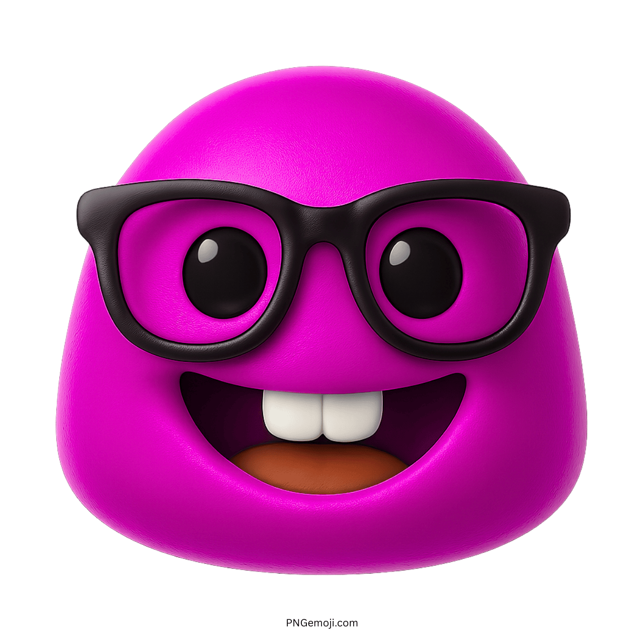 purple nerd face emoji wearing black glasses and smiling with large white teeth