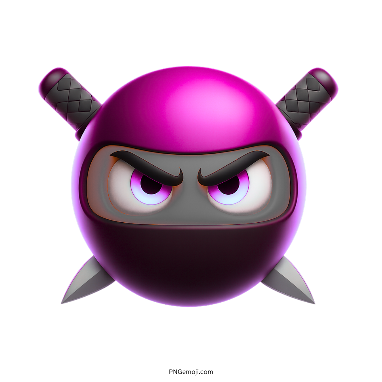 3D purple ninja emoji with glowing violet eyes and swords on transparent PNG background