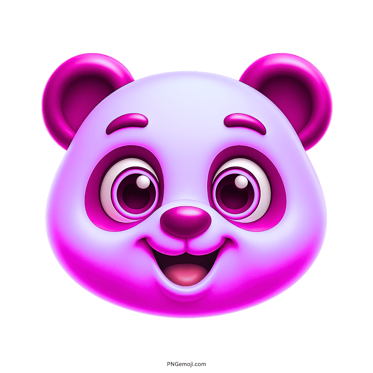 Cute purple panda face emoji with big brown eyes, cartoon style, smiling happily, pink ears, vibrant colors, cheerful expression.