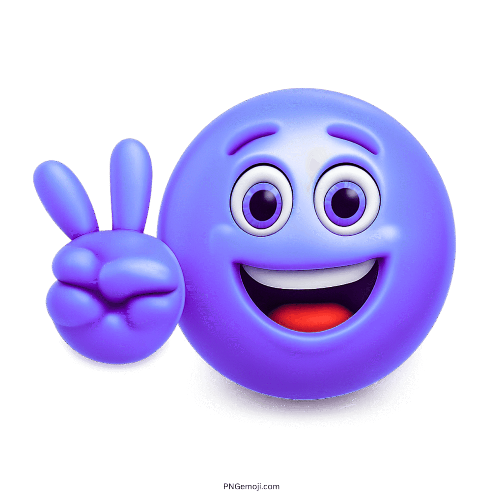 Purple emoji with a smiling face and peace sign gesture in a glossy style.