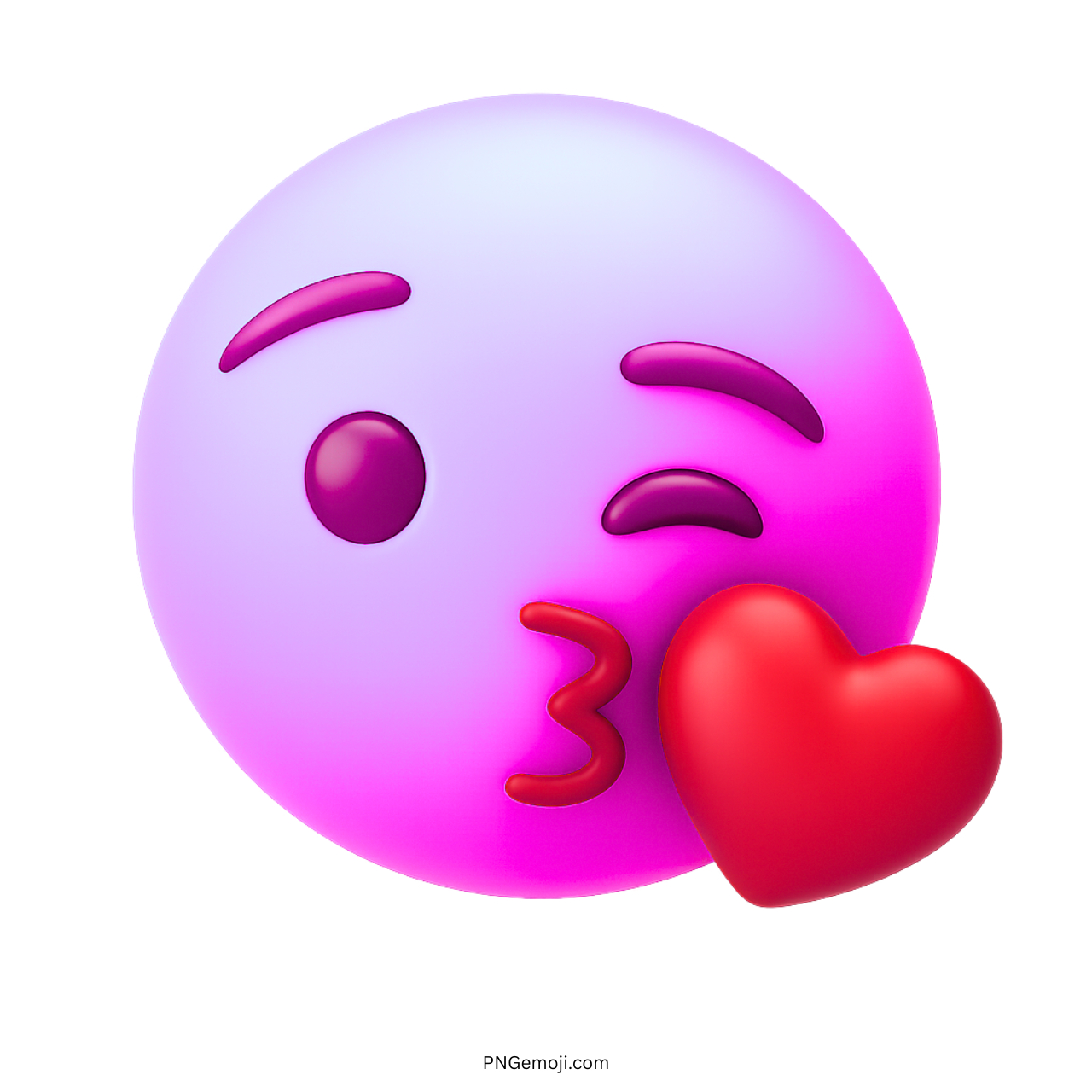 Purple and pink 3D emoji blowing kiss with red heart