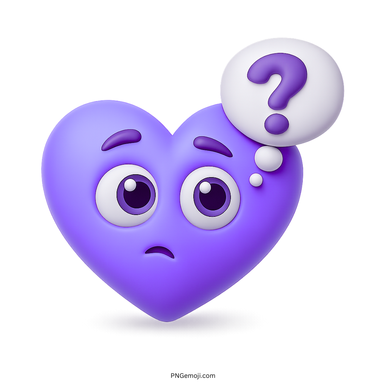 Purple heart emoji with questioning eyes and floating question mark in thought bubble.