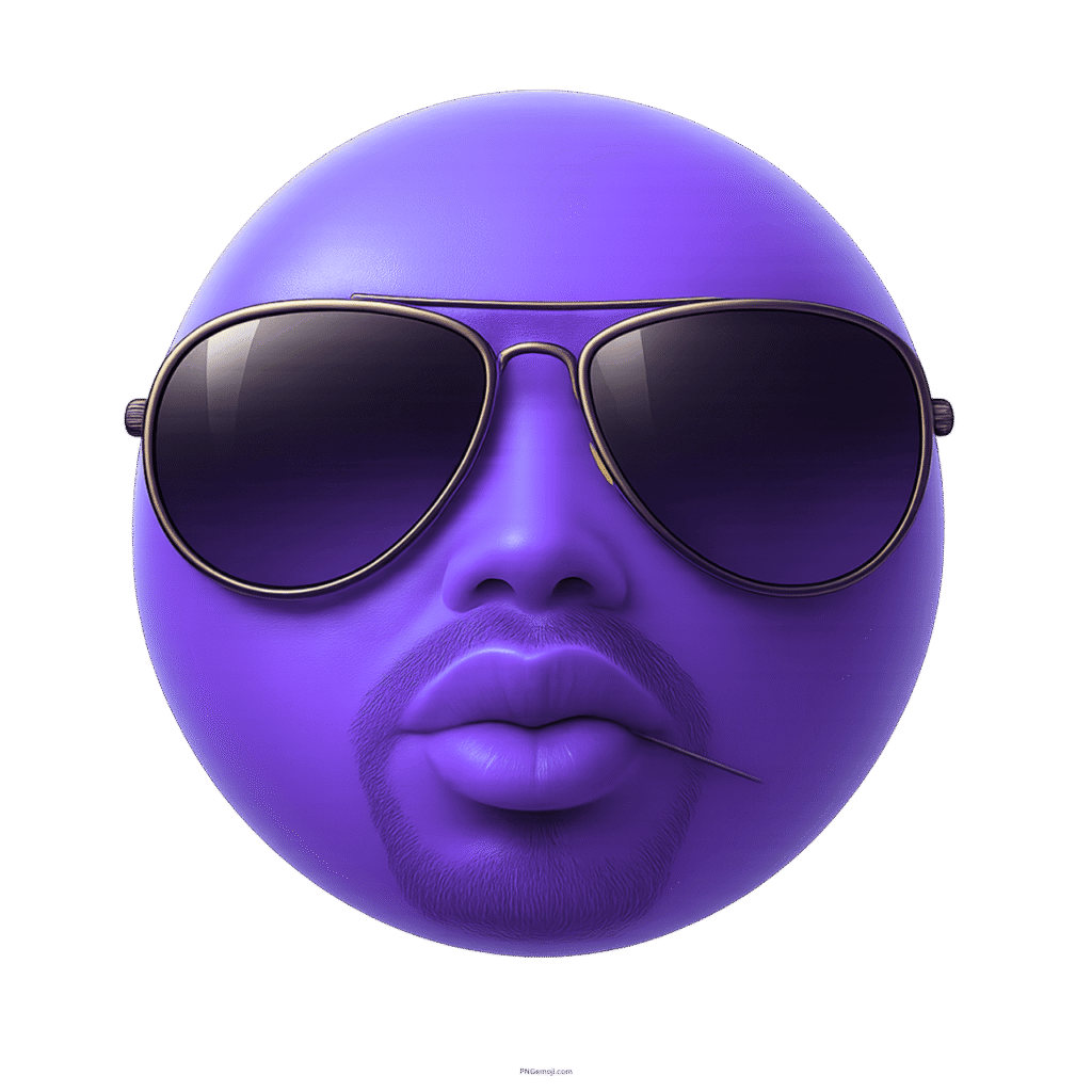 Purple emoji with sunglasses beard and toothpick showing confident stylish cool attitude