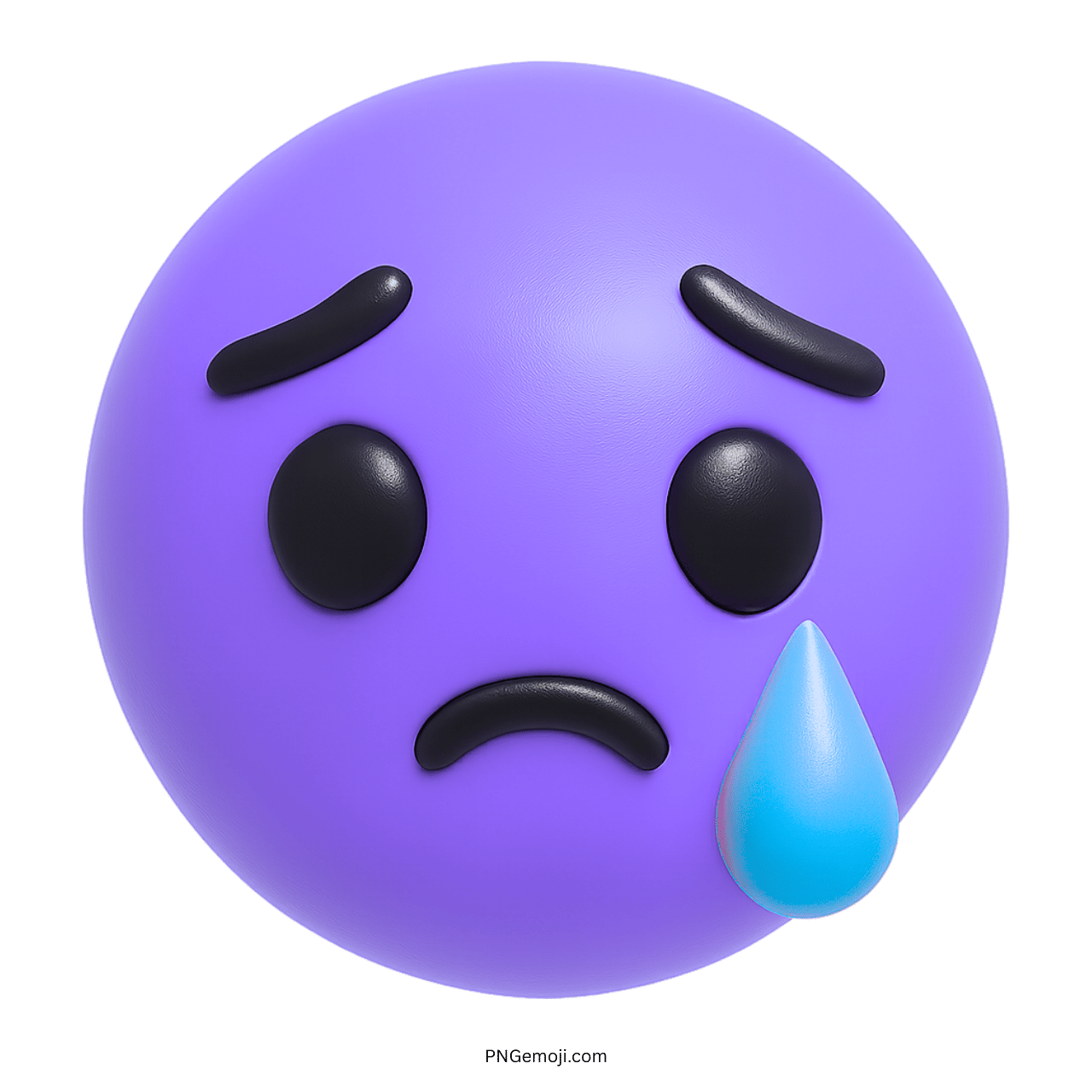 3D purple sad emoji with black eyes, frowning mouth, and blue teardrop