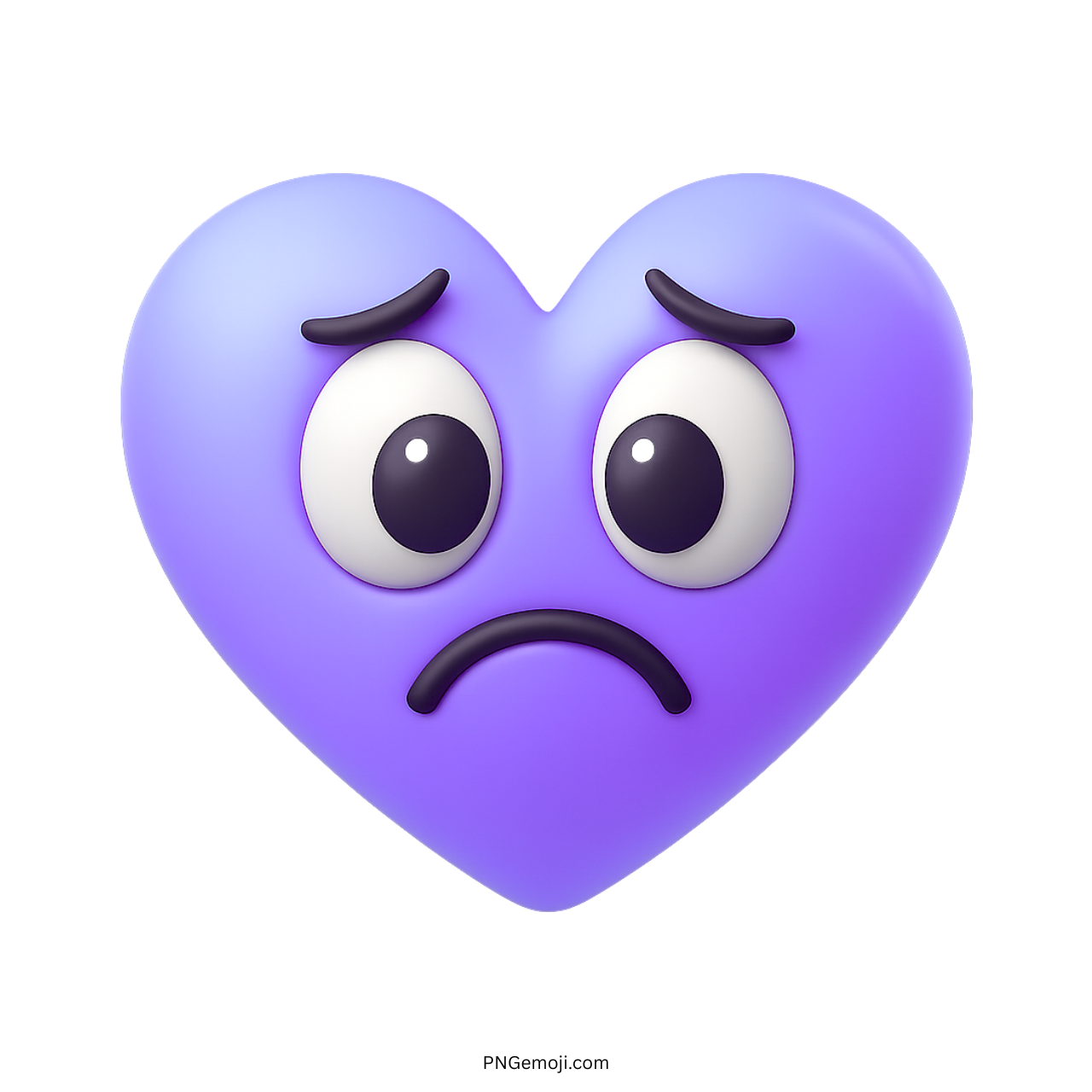 Purple heart emoji with frowny sad face and cartoon-style wide eyes in 3D