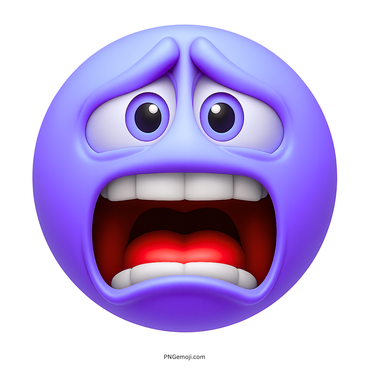 Purple emoji face with wide eyes and open mouth expressing fear, panic, and shock