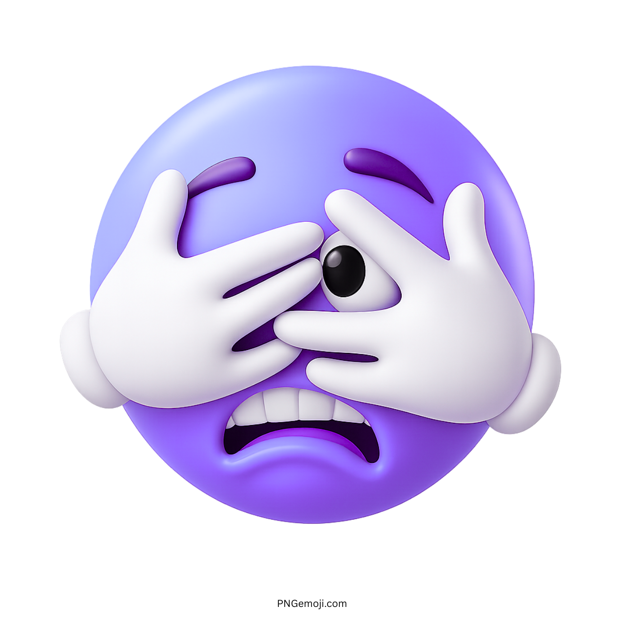 Purple emoji hiding face in fear while peeking nervously through white-gloved hands