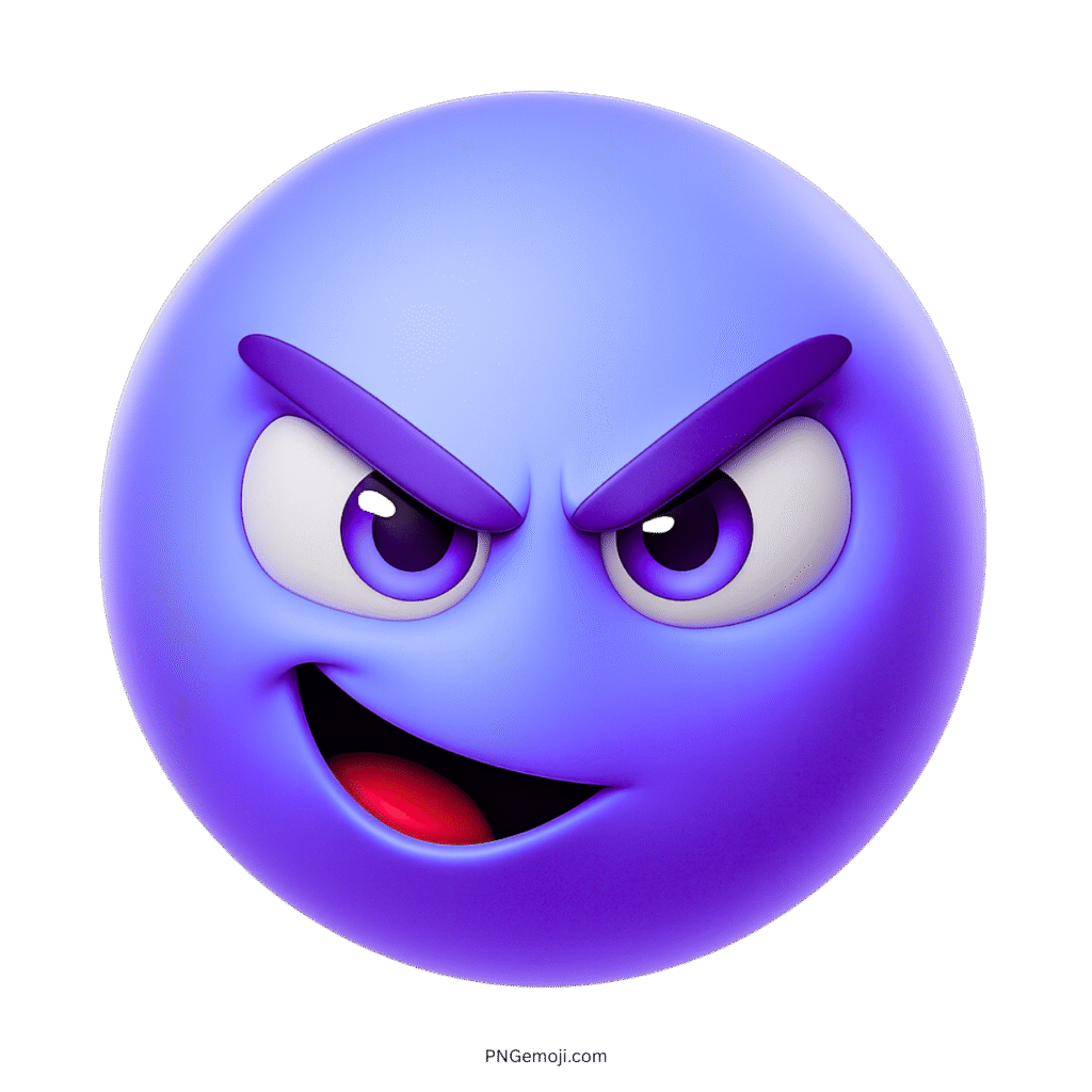 Purple emoji with smirking face, sharp eyes, and raised eyebrows in 3D