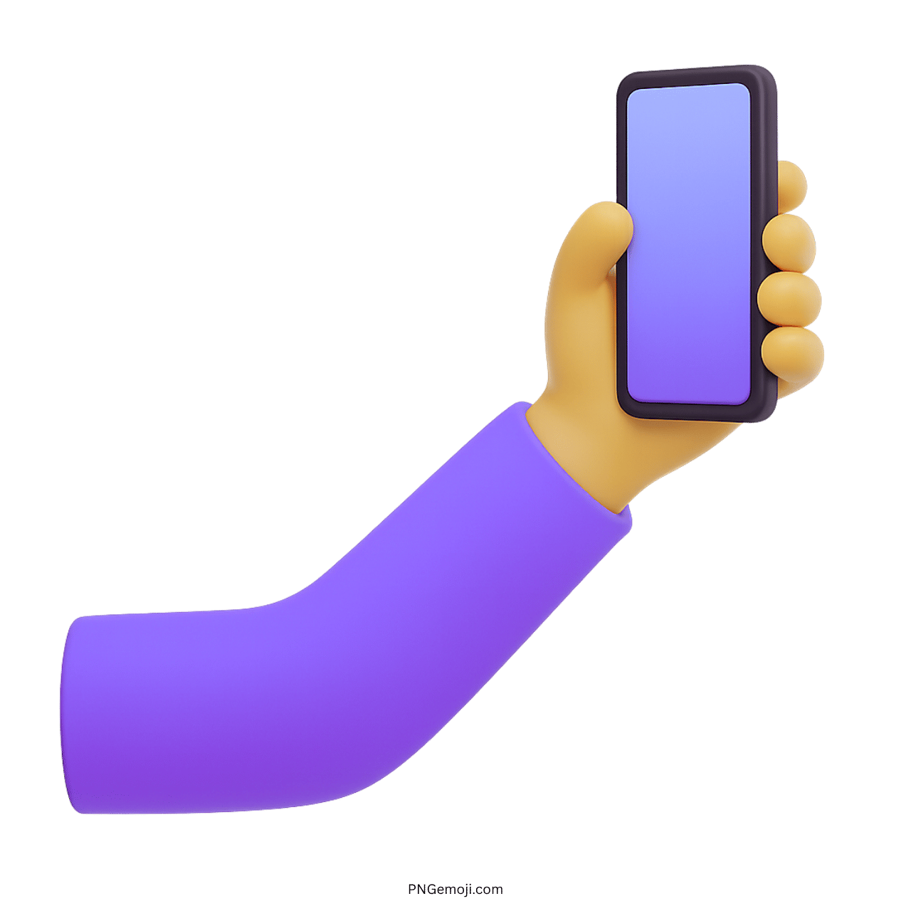 3D cartoon hand with purple sleeve holding smartphone for selfie gesture