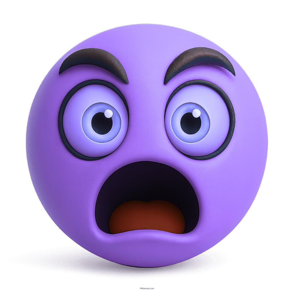 Purple shocked emoji with wide eyes and open mouth surprised cartoon expression
