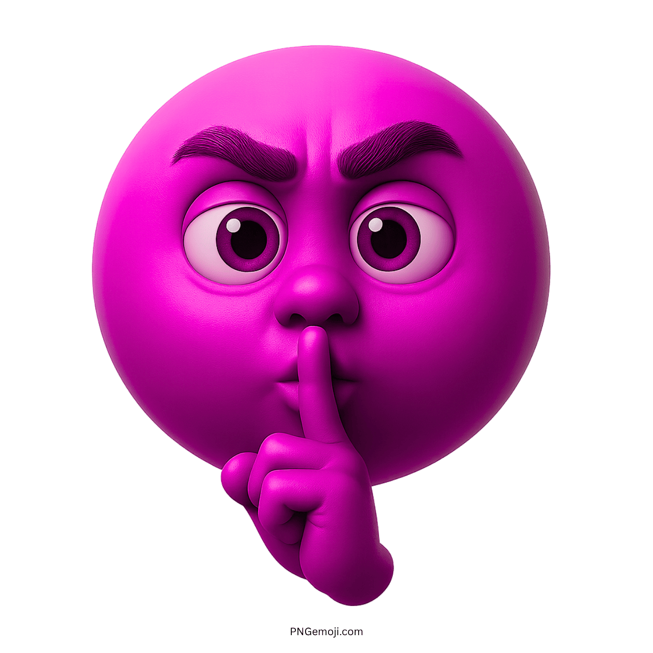 3D purple emoji face showing shushing gesture with finger on lips and serious look