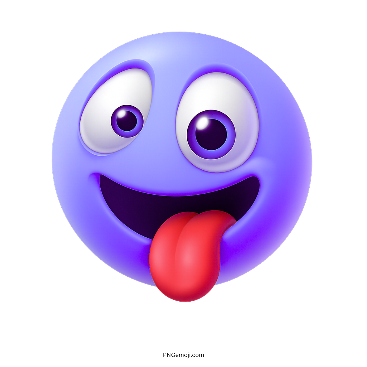 Purple silly emoji with big eyes and red tongue out in funny expression