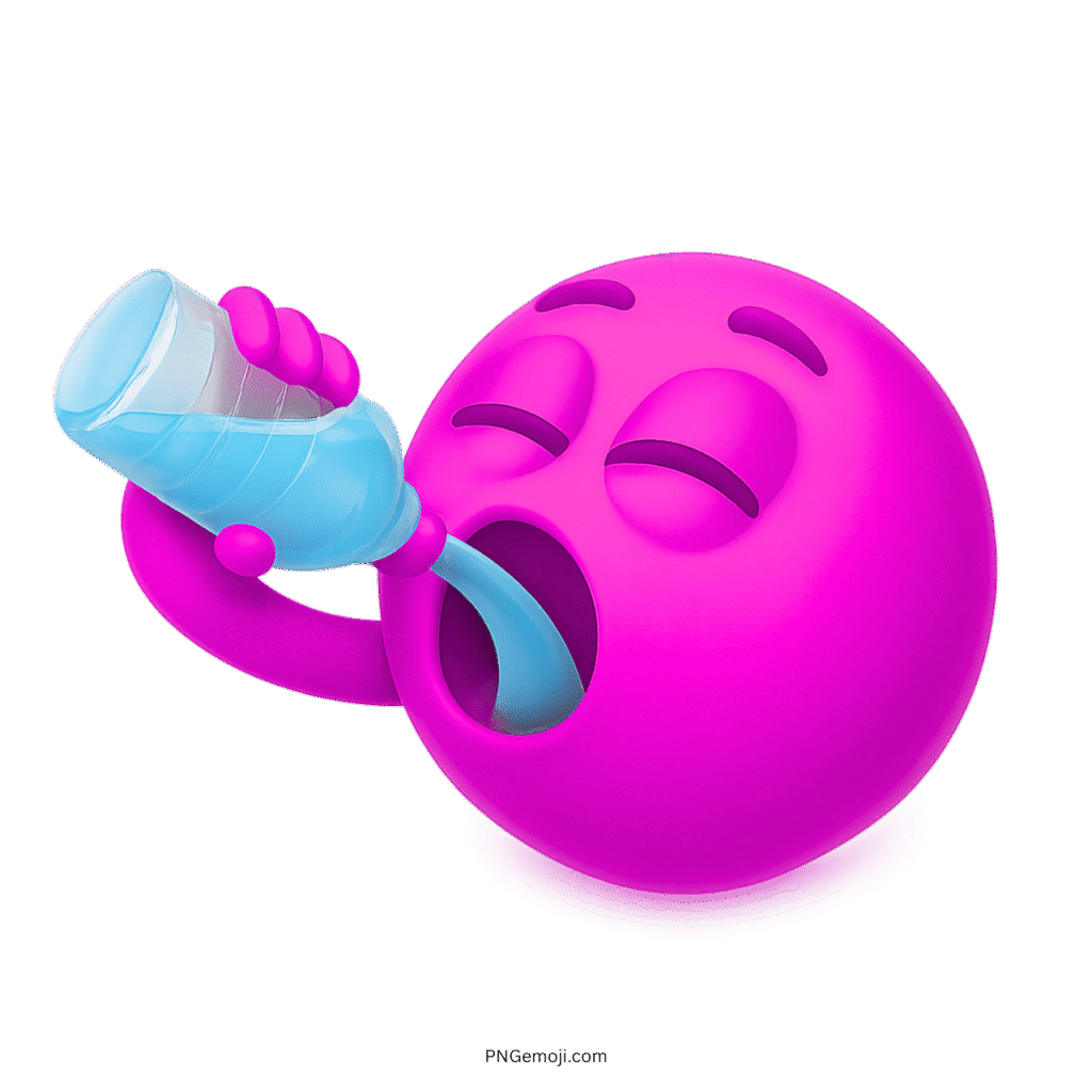 3D purple emoji drinks water from bottle with calm face showing thirst and hydration